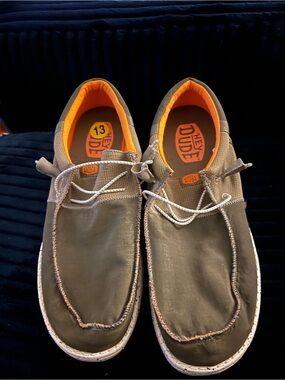 Hey Dude Men's Olive Brown Canvas Slip-Ons with Orange Interior